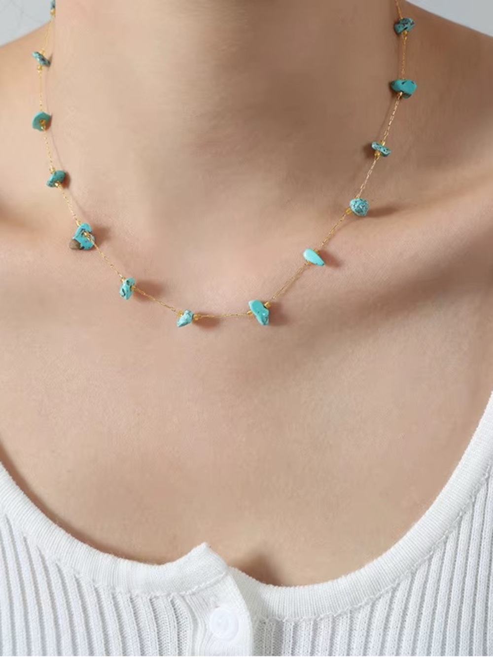 Natural Turquoise Necklace • 18K Gold Plated Stainless Steel • 16–18 inches